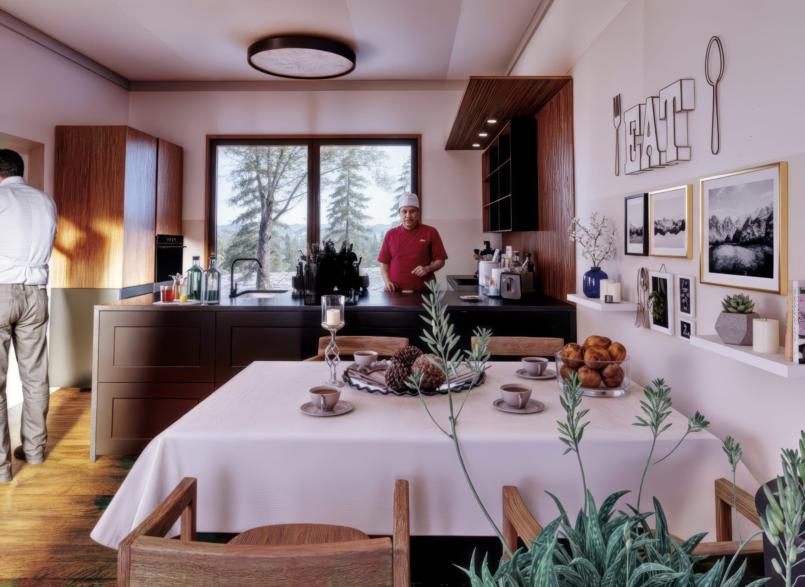 Rendering di una cucina con sala da pranzo