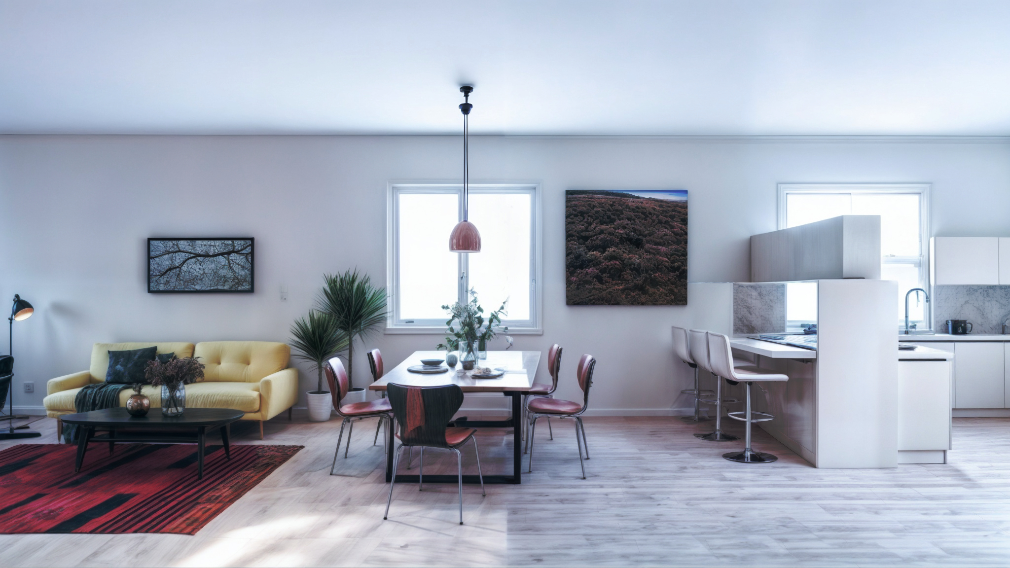 Rendering di una zona giorno open space