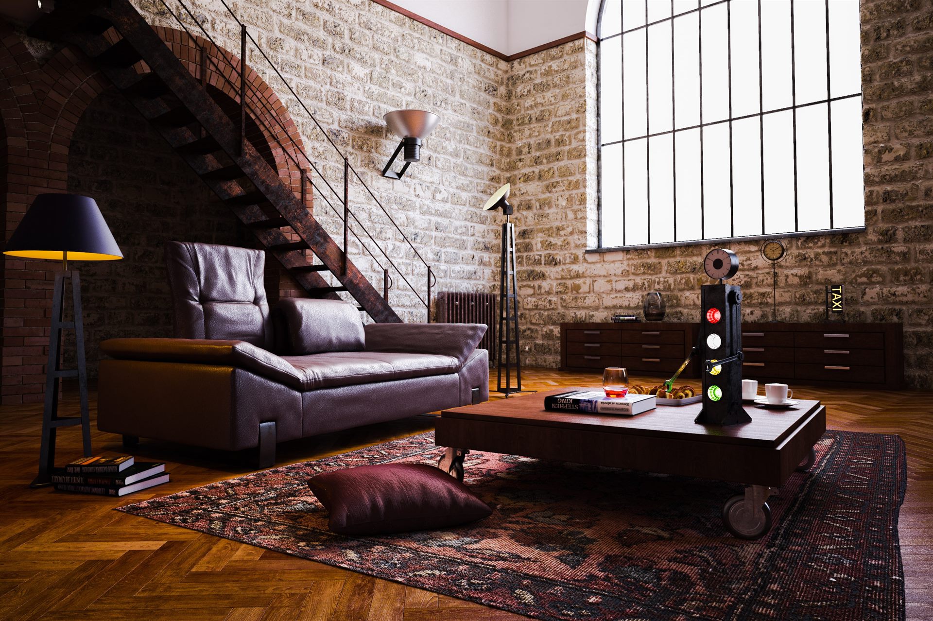 Rendering di un loft con scala in ferro e parete in mattoni